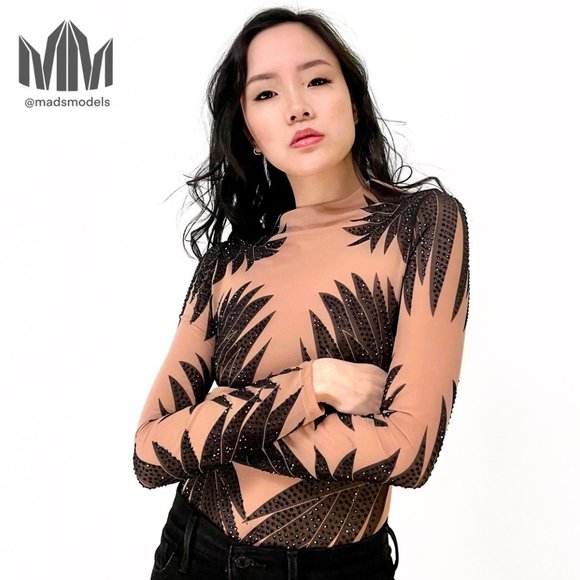 Nude Sheer Long Sleeve Bodysuit with Black Rhinestone Palm Leaf Pattern - Picture 1 of 4